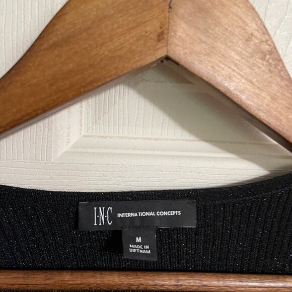 INC Womens Black Gold Weave Y2K Ribbed Faux Wrap Buckle Stretch Blouse Medium - Picture 2 of 6